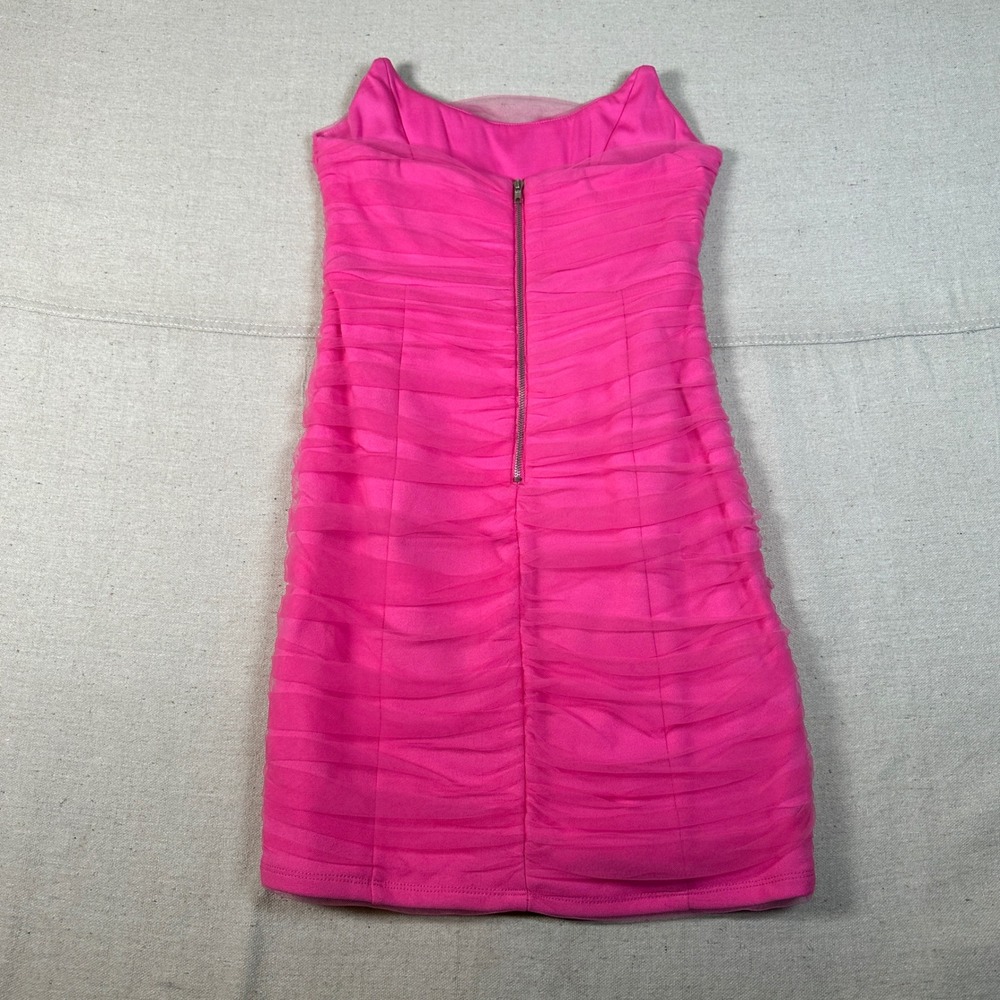 Hot Pink Ruched Mesh Corset Style Bodycon Mini Dress Small Barbie Coquette - Picture 2 of 10